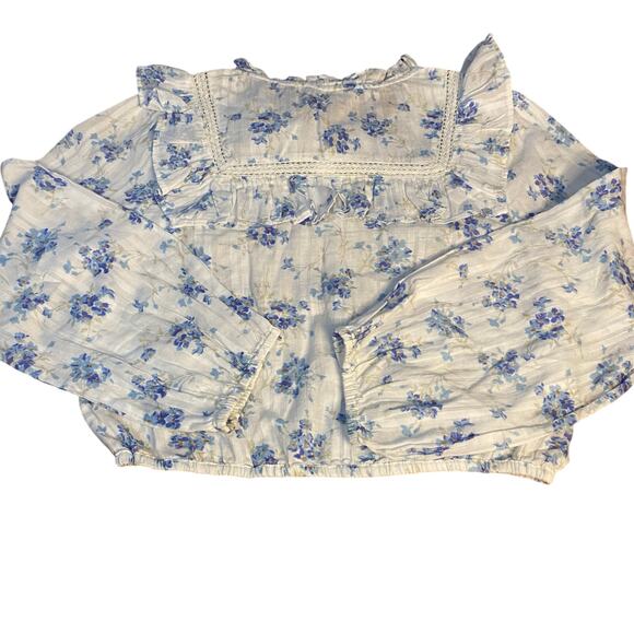 NWT LoveShackFancy white blue cottage ruffle long sleeve cropped shirt SIZE 12 - Picture 4 of 4
